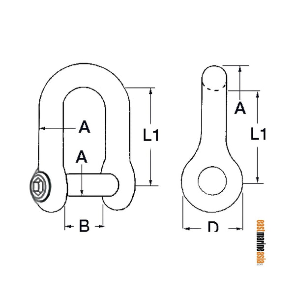 AISI 316 Stainless Steel Anchor Shackle (with Allen Head Recessed Pin)